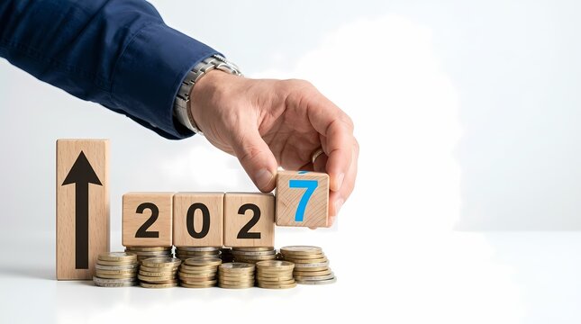 Business professional arranging wooden blocks representing the year 2027 atop stacked currency coins to showcase financial growth projections and investment planning strategies for the coming