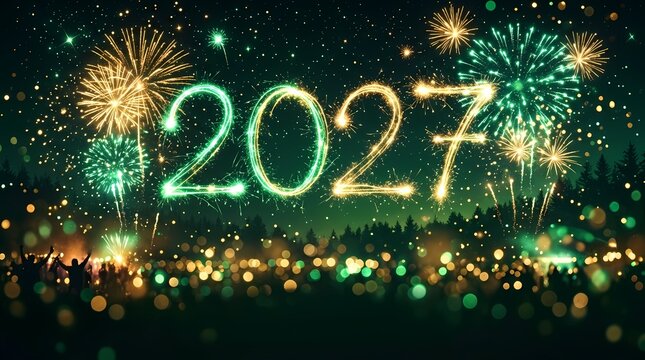 Bright sparkling gold and green numbers display 2027 with giant pyrotechnic explosions lighting the dark night sky while people gather to celebrate the start of a brand new calendar year