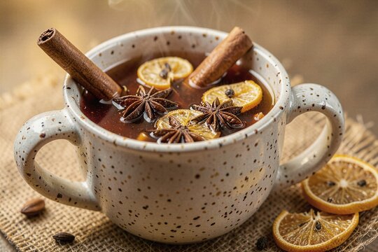 Hot spiced mulled apple cider in rustic ceramic mug with cinnamon and star anise
