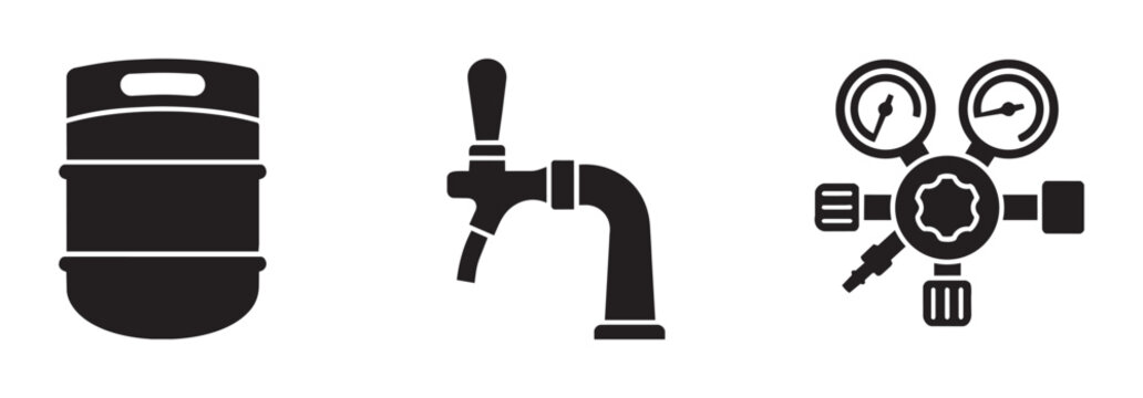 Beer Keg, Tap, and Regulator Icons: Brewery Equipment Vector Set for Beverage Service and Craft Beer Production