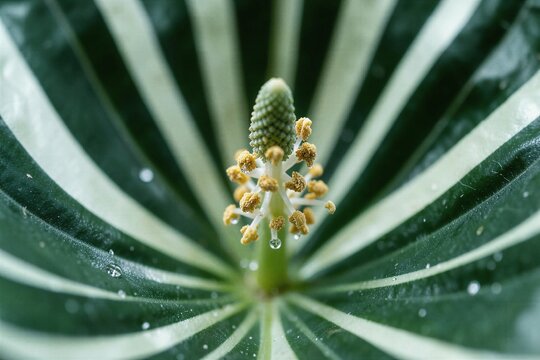 Extreme Macro Close Up of Calathea Flower Stamen and Striped Foliage