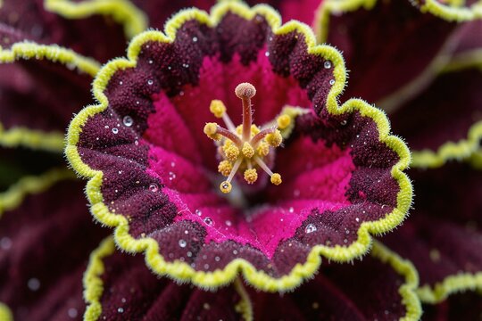 Extreme Macro Shot of Ruffled Magenta and Lime-Green Velvet Flower with Dew