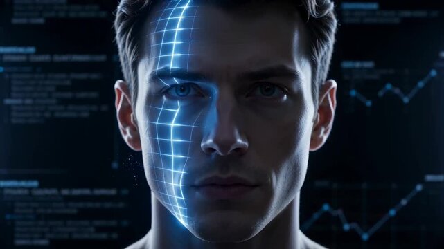 Young man faces a glowing facial scan as blue data displays emerge in dark setting