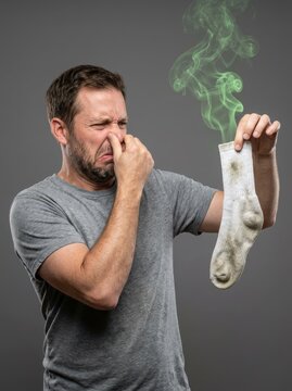 Disgusted Man Holding a Very Dirty and Smelly Sock with Green Odor Smoke Effect on Gray Background