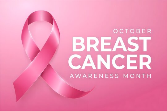 October breast cancer awareness month banner with pink ribbon and typography