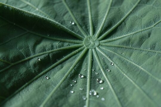 Macro shot of superhydrophobic lotus leaf with morning dew drops