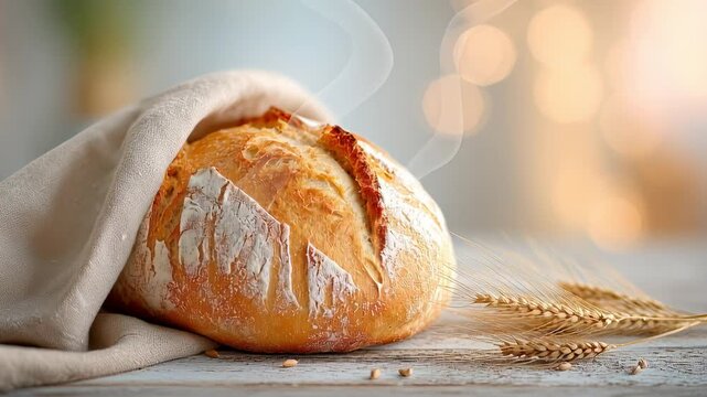 Freshly baked artisan bread with wheat and linen on rustic wooden table