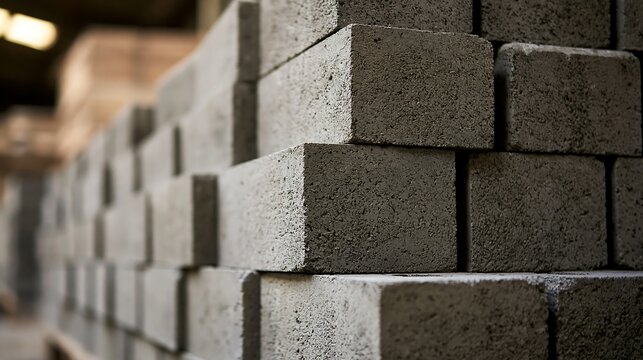 A stack of gray concrete blocks is seen under natural light, isolated on transparent background. This image is ideal for construction industry materials and building supply.