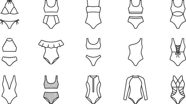 Bikini and One Piece Swimsuit Silhouette Icon Set Vector