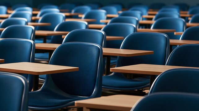 Rows of empty blue classroom chairs with wooden desks under soft light, isolated on transparent background. This image suggests education, learning, and academic concepts.
