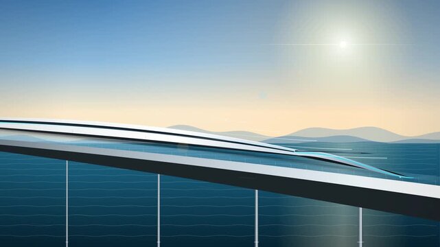 Futuristic bridge over sea ocean with bright sun looping animation video motion graphic