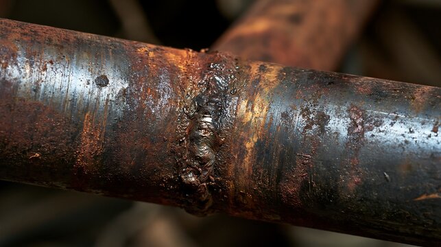 Close-up of a rusty metal pipe with a weld seam, isolated on transparent background. Concept for industrial decay and wear.