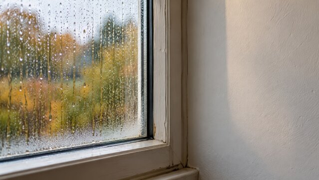 Autumn rain on window with warm interior wall and copy space