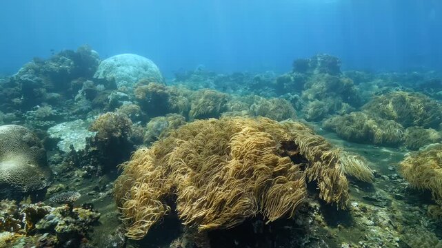 A diver swims beyond a coral colony in the Banda Sea, Indonesia. The view highlights diver Beyond a Golden Tentacled Coral Colony, showing natural reef texture, depth and surrounding tropical water.