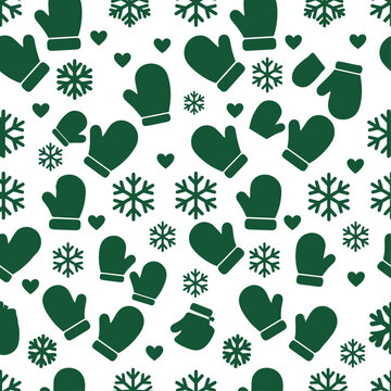 Seamless christmas background vector featuring green mittens and snowflakes pattern on a clean white backdrop for holiday design projects