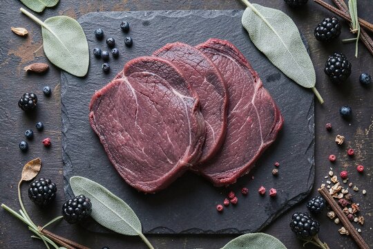 Raw wild game venison loin medallions on slate board with berries