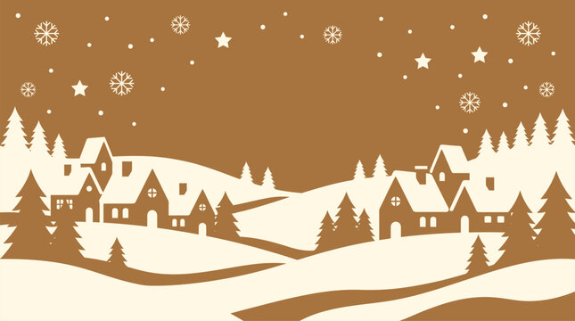 A beautiful monochromatic christmas background vector illustration featuring a cozy village landscape with falling snow and pine trees for winter