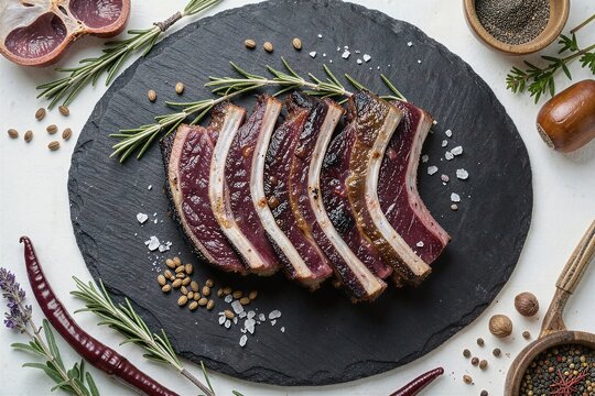 Premium Raw Iberico Pork Spare Ribs Arranged on Slate Platter