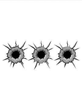 Set of Three Realistic Bullet Holes with Cracked Metal Edges Isolated on White Background Vector Illustration