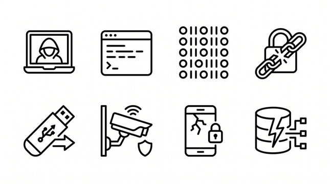 Cybersecurity and data breach line icons set with hacker, code, binary data, USB, surveillance camera and compromised devices