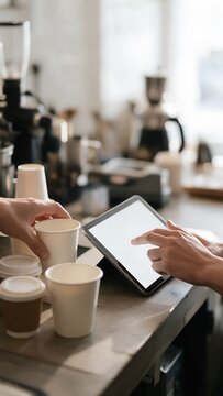Generative AI person using tablet to order coffee at a caf? setting