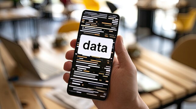 Hand Holding Smartphone Displaying Abstract Data Concept on Screen