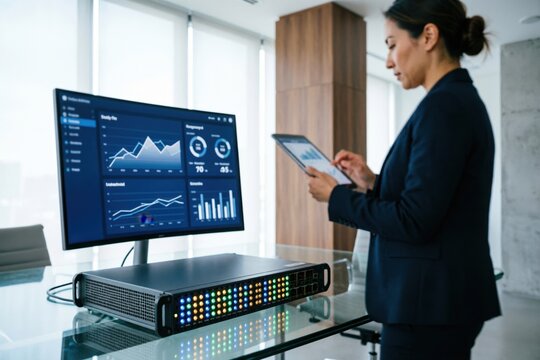 Empresaria trabajando junto a un dispositivo de red de &uacute;ltima generaci&oacute;n