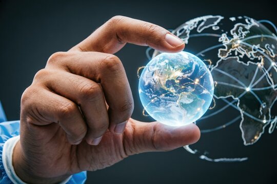 Manos de cirujano sosteniendo una esfera virtual y radiante que representa un planeta. La infraestructura cl&iacute;nica del ma&ntilde;ana unifica el conocimiento m&eacute;dico internacional
