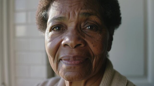 Camera tightening causing senior in cardigan turning to lens in foyer showing face near sidelight