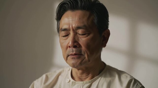 Inhaling, shirted man keeping eyes shut, relaxing jaw tilting head in grid shadow room reflecting