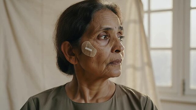 Opening eyes, senior woman at home turning right as window light, with medical patch, bindi