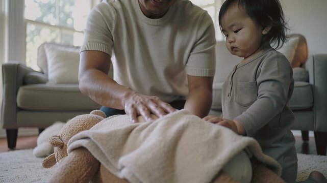 Placing beige blanket father in tee tucking bear on carpet at home teaching toddler in gray-pajamas