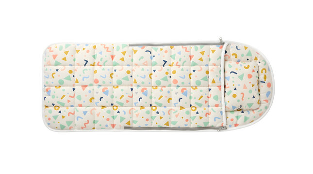 Colorful baby sleeping bag featuring playful geometric shapes and soft pastel patterns isolated on transparent background