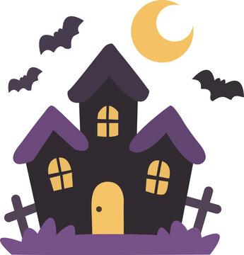 Cute Halloween Haunted House with Crescent Moon and Flying Bats