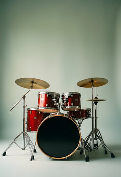 Music performance and creative expression, red drum kit with cymbals for professional recording or live concert stage setup on a neutral studio background