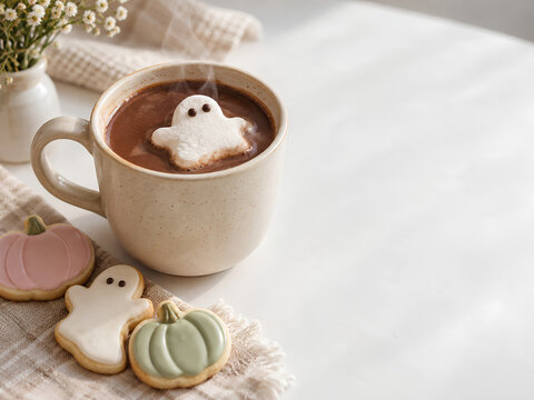 Halloween Hot Chocolate with Ghost Marshmallow and Pumpkin Cookies