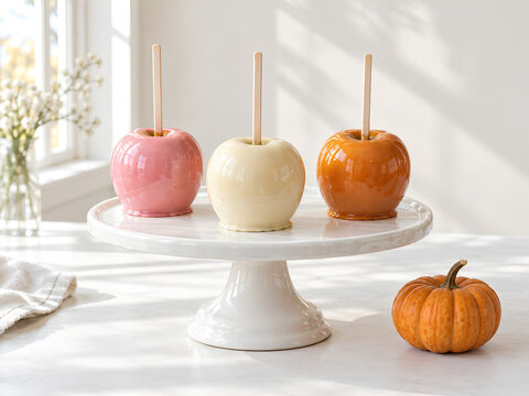 Pastel Candy Apples with Pumpkin for Autumn Dessert Display