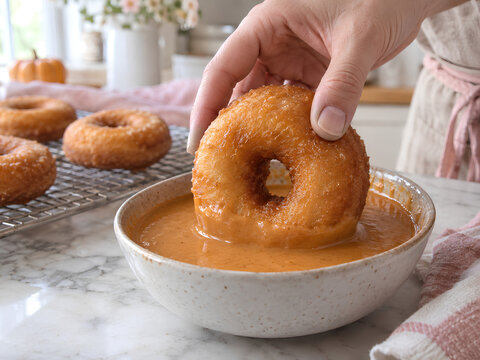 Dipping Homemade Doughnut in Pumpkin Spice Glaze for Fall Baking