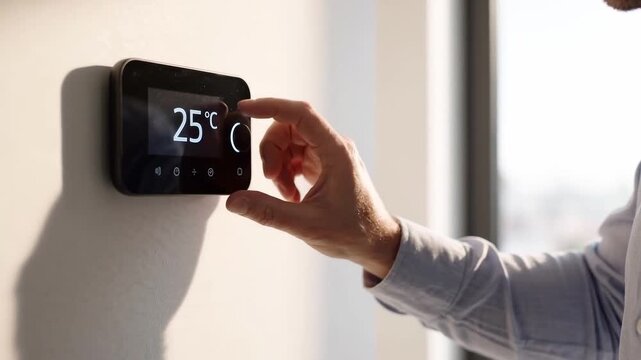 Person adjusts smart thermostat to regulate indoor temperature. Home climate control, energy management technology. Digital climate control device for energy efficiency, smart home and heating savings