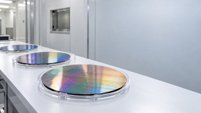 Semiconductor wafers in cleanroom for AI chip manufacturing