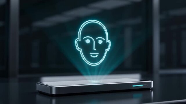 Smartphone projects a glowing face icon that changes to a check mark on a dark desk