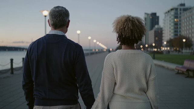 Walking couple in navy and cream slowing and leaning heads at waterfront path with lamps glowing