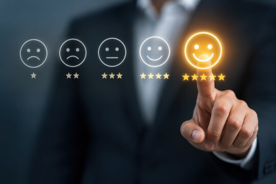 Businessman touching five star rating on virtual feedback screen customer service experience satisfaction survey concept review rating emphasis on positive feedback and quality improvement