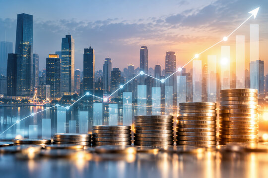 Double exposure city skyline with stacked coins row and rising bar and line graphs financial growth investment business money concept urban finance success and economic growth visualization