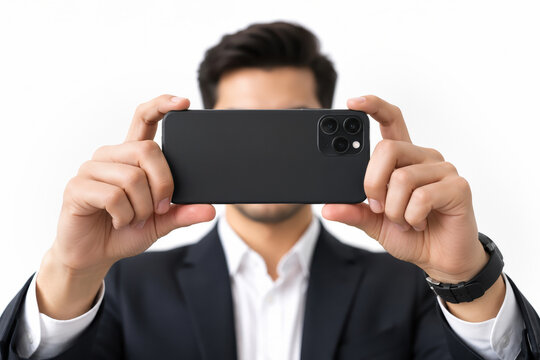businessman photographing with black smartphone back view on white background smartphone photography content creation mobile camera corporate creator visual marketing hands holding device professional