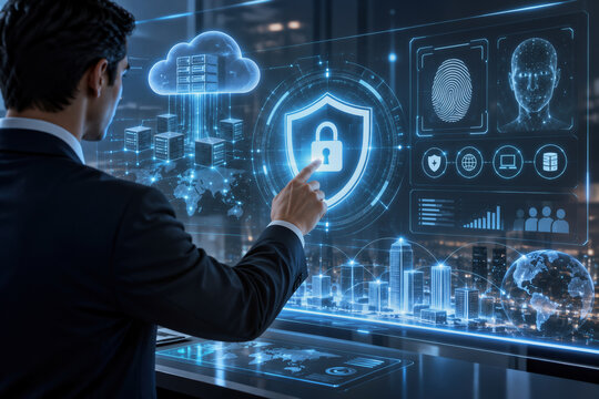 Cybersecurity infrastructure and digital protection strategies 2027 professional interacting with futuristic holographic security shield dashboard cloud data management biometric authentication