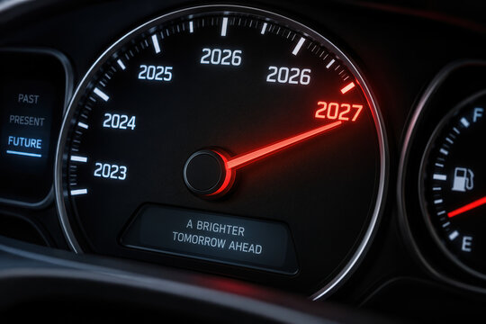 Car speedometer dashboard concept with glowing red needle pointing to 2027 new year and digital display reading A Brighter Tomorrow Ahead future milestone countdown concept for 2027 transition