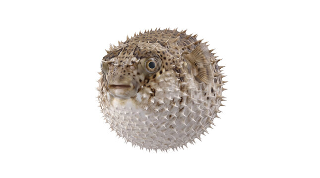 Detailed spiky porcupinefish or puffer fish in a defensive inflated ball posture with sharp needles and brown spotted skin pattern, isolated on a white transparent background for marine design.