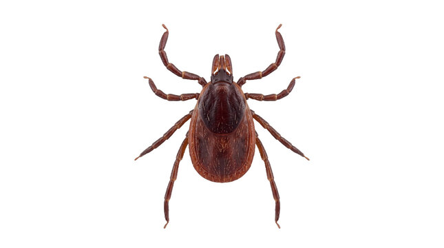 Detailed top view of a brown parasitic tick isolated on a transparent background, depicting a common wood tick or deer tick responsible for transmitting Lyme disease and other health infections.