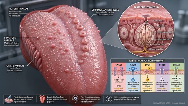 3d medical graphic of a tongue model showing papillae structures like filiform, fungiform, foliate, and circumvallate alongside embedded taste buds and a detailed zoomed inset of gustatory transductio